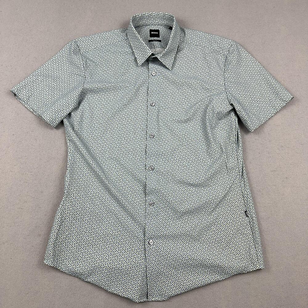 Boss Shirt Men Large Blue Geometric Short Sleeve Button Up Slim Fit Stretch L